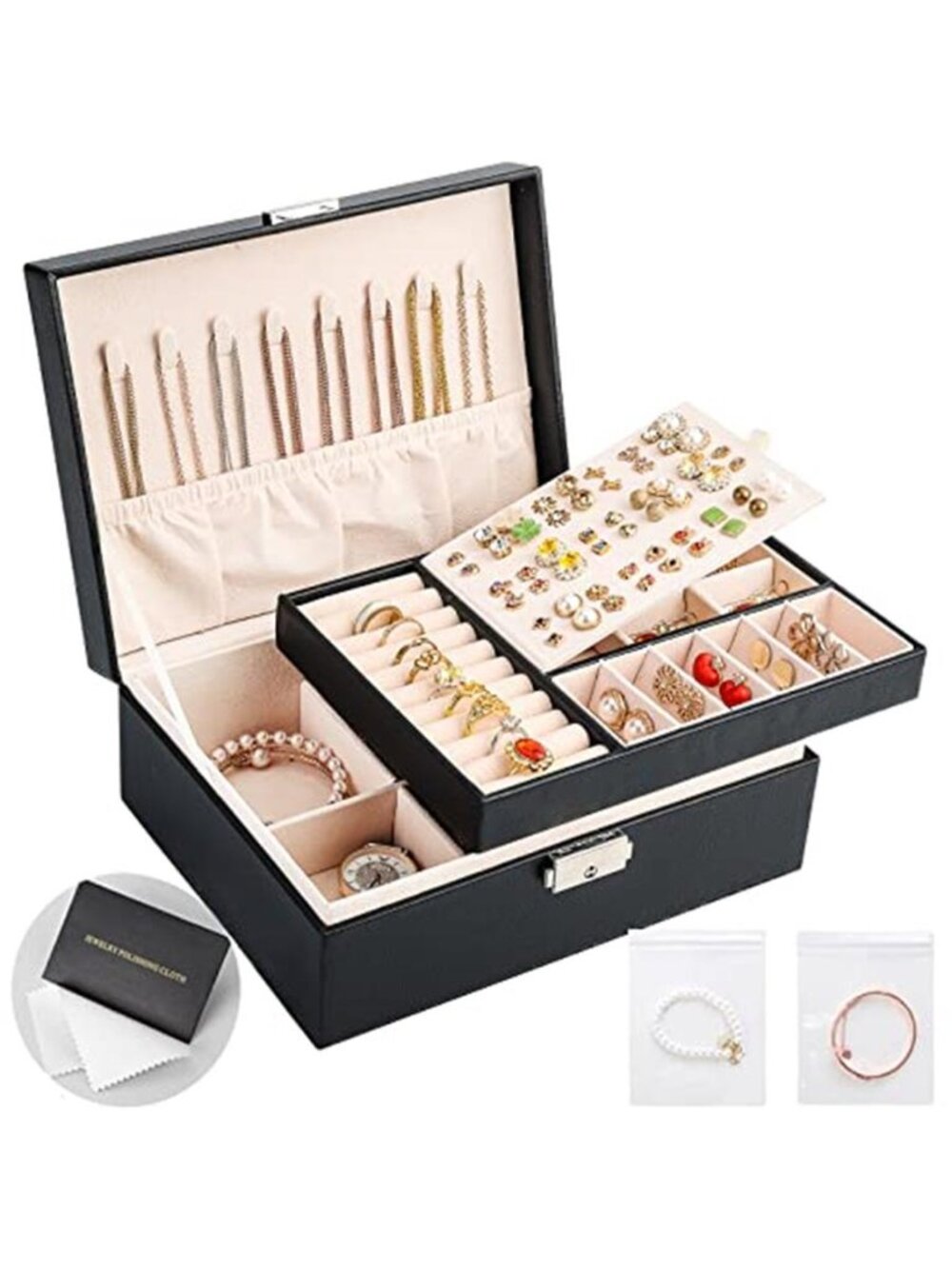 Black Jewelry Box Organizer Lock Necklace Earring Ring Watch Storage Case Velvet